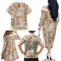 Beige Hawaii Tapa Pattern Family Matching Off The Shoulder Long Sleeve Dress and Hawaiian Shirt With Heliconia Vintage Style LT05 - Polynesian Pride