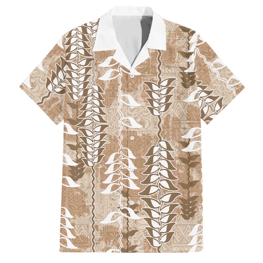 Beige Hawaii Tapa Pattern Family Matching Off The Shoulder Long Sleeve Dress and Hawaiian Shirt With Heliconia Vintage Style LT05 Dad's Shirt - Short Sleeve Beige - Polynesian Pride