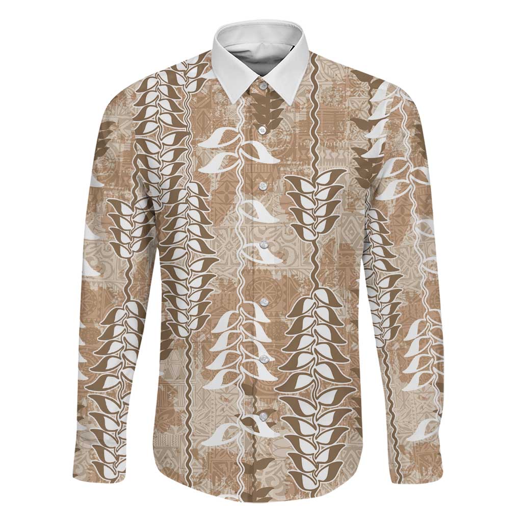Beige Hawaii Tapa Pattern Family Matching Off The Shoulder Long Sleeve Dress and Hawaiian Shirt With Heliconia Vintage Style LT05 Dad's Shirt - Long Sleeve Beige - Polynesian Pride