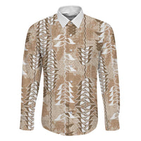 Beige Hawaii Tapa Pattern Family Matching Off The Shoulder Long Sleeve Dress and Hawaiian Shirt With Heliconia Vintage Style LT05 Dad's Shirt - Long Sleeve Beige - Polynesian Pride