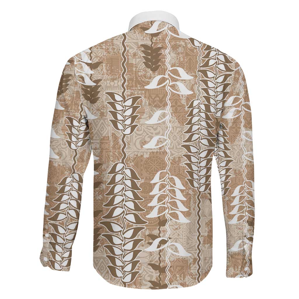 Beige Hawaii Tapa Pattern Family Matching Off The Shoulder Long Sleeve Dress and Hawaiian Shirt With Heliconia Vintage Style LT05 - Polynesian Pride