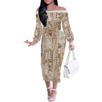 Beige Hawaii Tapa Pattern Family Matching Off The Shoulder Long Sleeve Dress and Hawaiian Shirt With Heliconia Vintage Style LT05 Mom's Dress Beige - Polynesian Pride