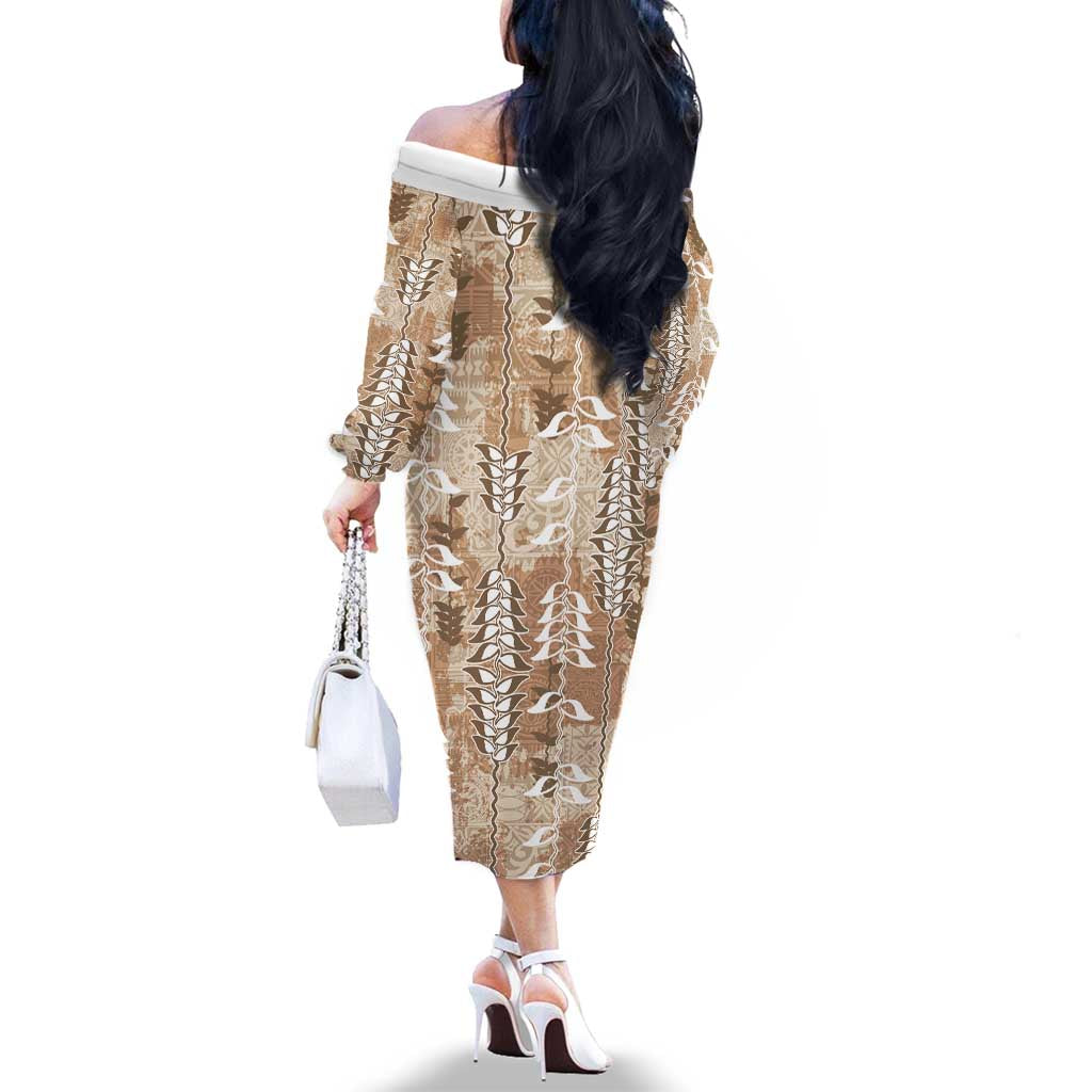 Beige Hawaii Tapa Pattern Family Matching Off The Shoulder Long Sleeve Dress and Hawaiian Shirt With Heliconia Vintage Style LT05 - Polynesian Pride