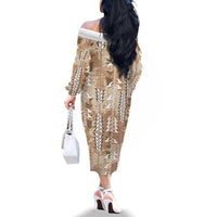 Beige Hawaii Tapa Pattern Family Matching Off The Shoulder Long Sleeve Dress and Hawaiian Shirt With Heliconia Vintage Style LT05 - Polynesian Pride