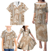 Beige Hawaii Tapa Pattern Family Matching Puletasi and Hawaiian Shirt With Heliconia Vintage Style