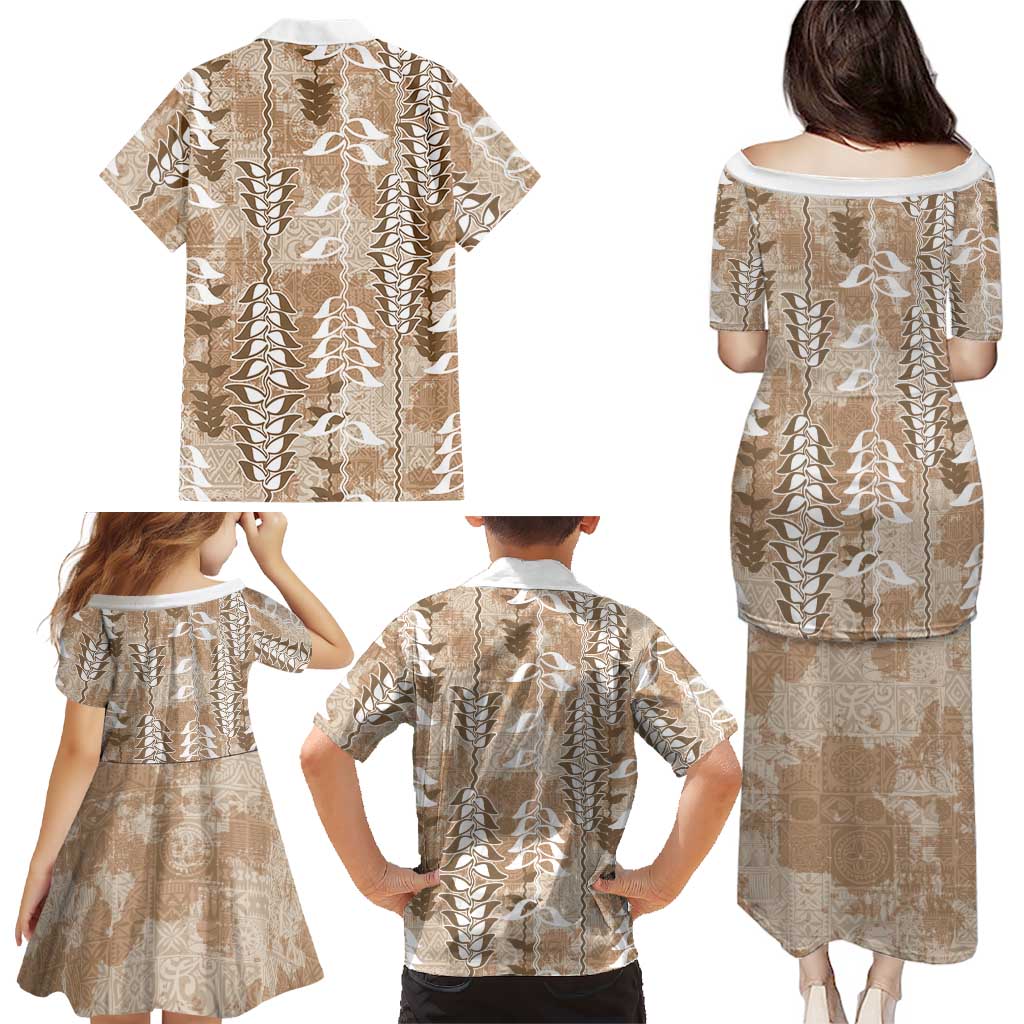 Beige Hawaii Tapa Pattern Family Matching Puletasi and Hawaiian Shirt With Heliconia Vintage Style