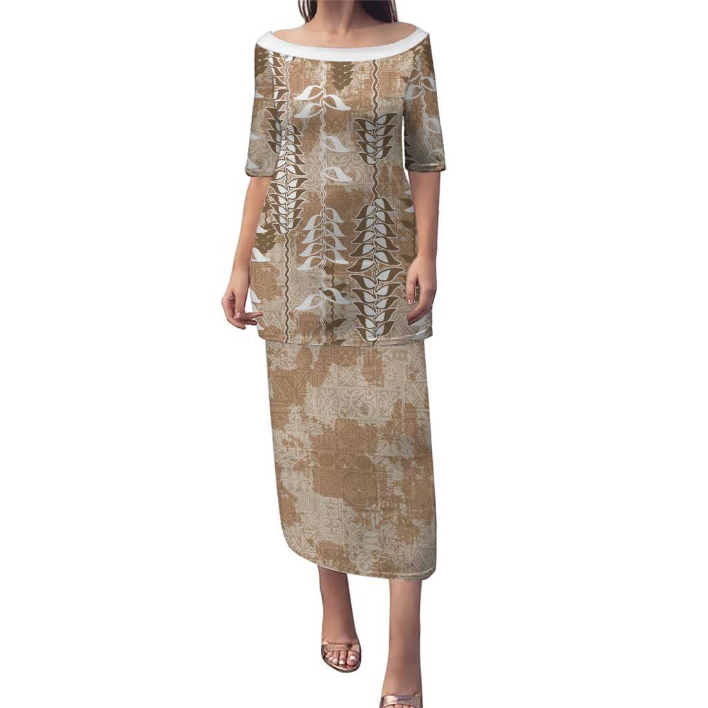 Beige Hawaii Tapa Pattern Family Matching Puletasi and Hawaiian Shirt With Heliconia Vintage Style