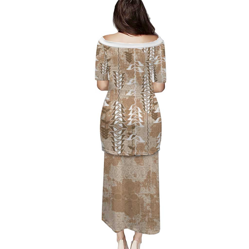 Beige Hawaii Tapa Pattern Family Matching Puletasi and Hawaiian Shirt With Heliconia Vintage Style