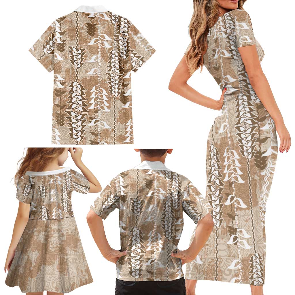 Beige Hawaii Tapa Pattern Family Matching Short Sleeve Bodycon Dress and Hawaiian Shirt With Heliconia Vintage Style