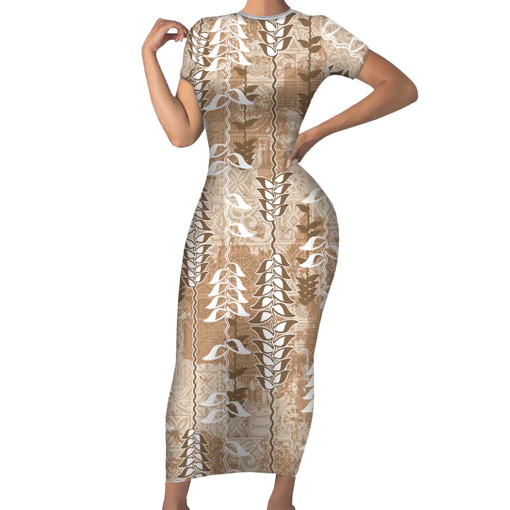 Beige Hawaii Tapa Pattern Family Matching Short Sleeve Bodycon Dress and Hawaiian Shirt With Heliconia Vintage Style