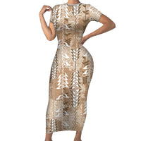 Beige Hawaii Tapa Pattern Family Matching Short Sleeve Bodycon Dress and Hawaiian Shirt With Heliconia Vintage Style