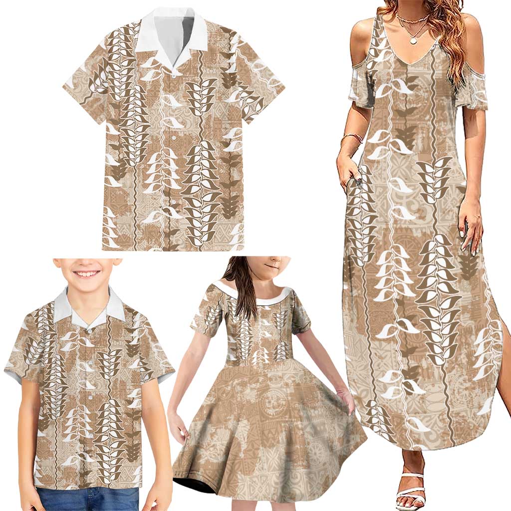 Beige Hawaii Tapa Pattern Family Matching Summer Maxi Dress and Hawaiian Shirt With Heliconia Vintage Style