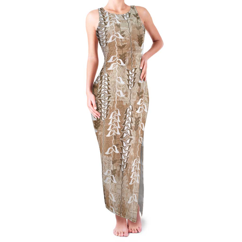 Beige Hawaii Tapa Pattern Family Matching Tank Maxi Dress and Hawaiian Shirt With Heliconia Vintage Style