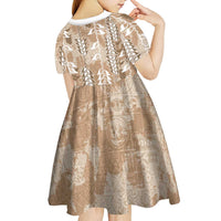 Beige Hawaii Tapa Pattern Kid Short Sleeve Dress With Heliconia Vintage Style