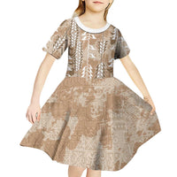 Beige Hawaii Tapa Pattern Kid Short Sleeve Dress With Heliconia Vintage Style