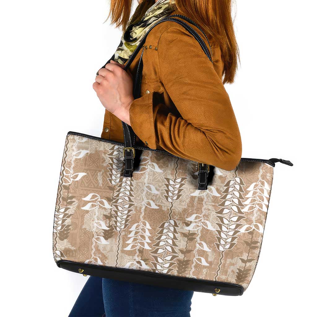 Beige Hawaii Tapa Pattern Leather Tote Bag With Heliconia Vintage Style