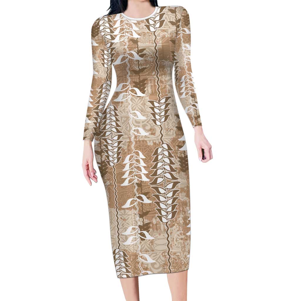 Beige Hawaii Tapa Pattern Long Sleeve Bodycon Dress With Heliconia Vintage Style