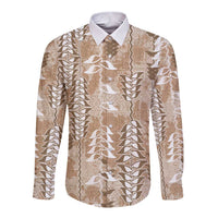 Beige Hawaii Tapa Pattern Long Sleeve Button Shirt With Heliconia Vintage Style LT05 Unisex Beige - Polynesian Pride