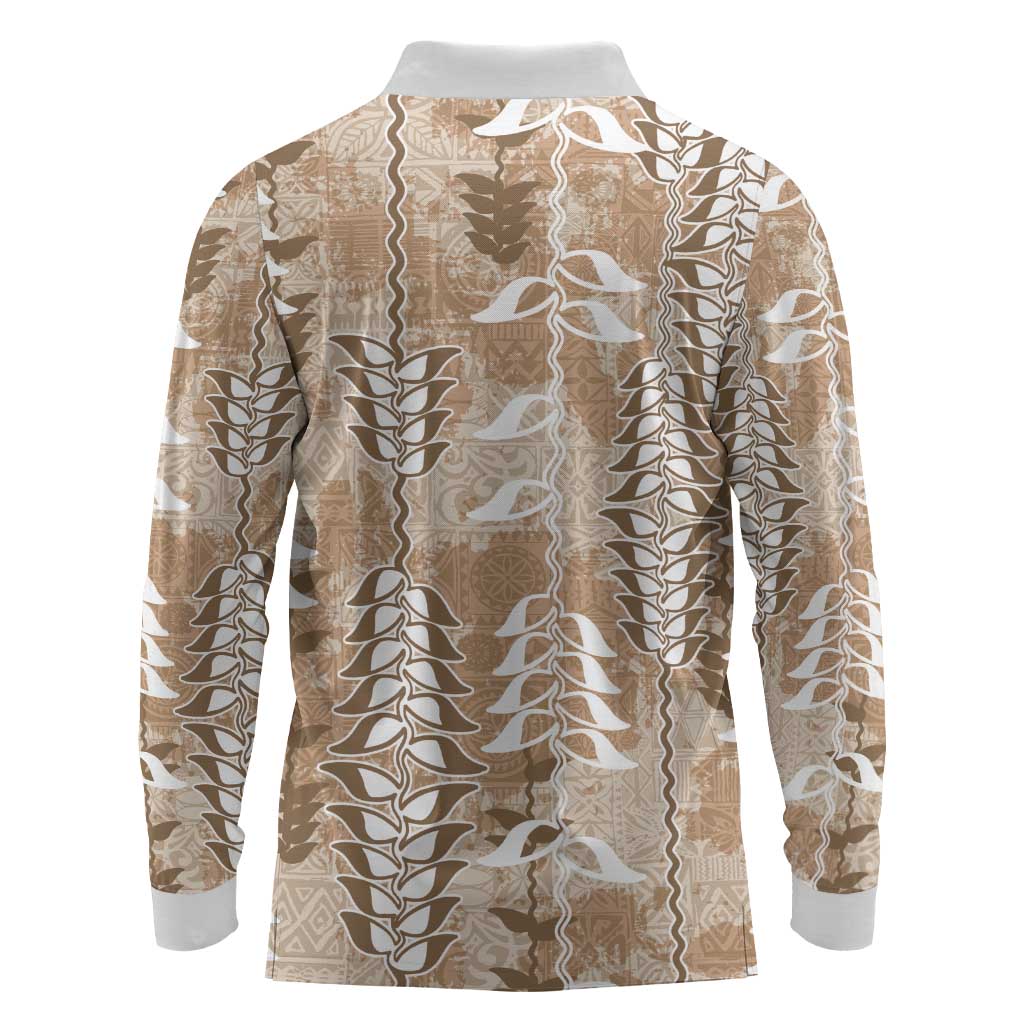 Beige Hawaii Tapa Pattern Long Sleeve Polo Shirt With Heliconia Vintage Style LT05 - Polynesian Pride