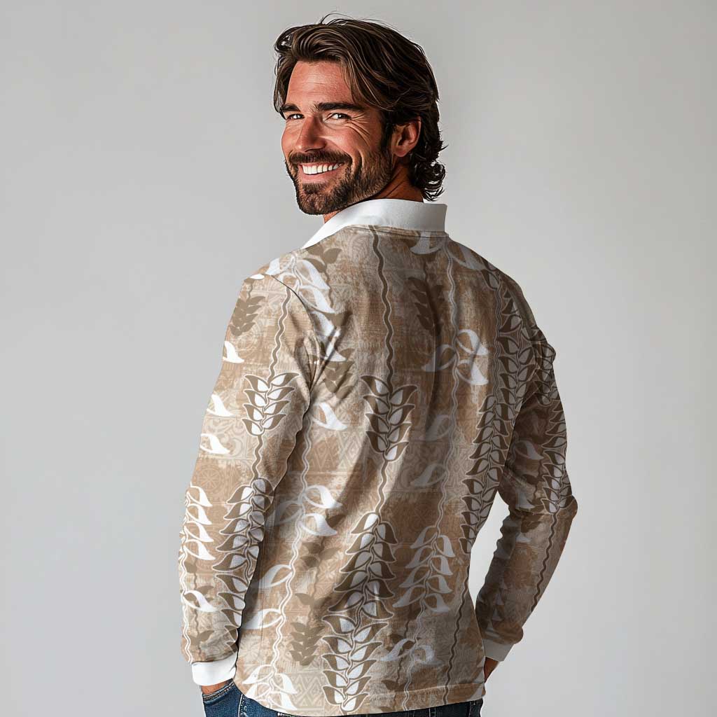 Beige Hawaii Tapa Pattern Long Sleeve Polo Shirt With Heliconia Vintage Style LT05 - Polynesian Pride