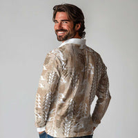 Beige Hawaii Tapa Pattern Long Sleeve Polo Shirt With Heliconia Vintage Style LT05 - Polynesian Pride