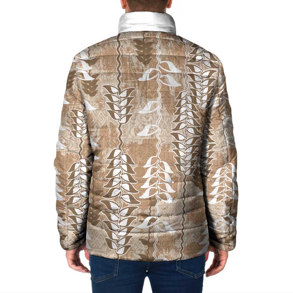Beige Hawaii Tapa Pattern Padded Jacket With Heliconia Vintage Style
