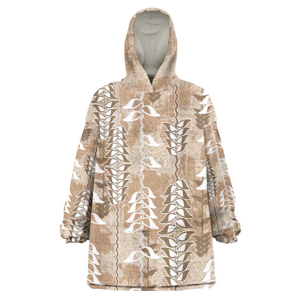 Beige Hawaii Tapa Pattern Wearable Blanket Hoodie With Heliconia Vintage Style