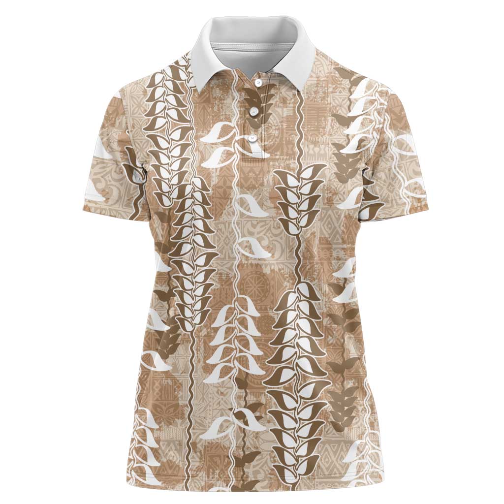 Beige Hawaii Tapa Pattern Women Polo Shirt With Heliconia Vintage Style LT05 Female Beige - Polynesian Pride
