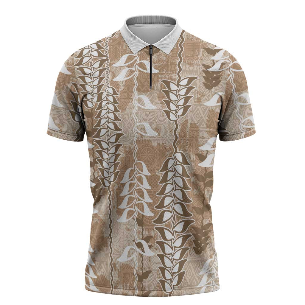 Beige Hawaii Tapa Pattern Zipper Polo Shirt With Heliconia Vintage Style