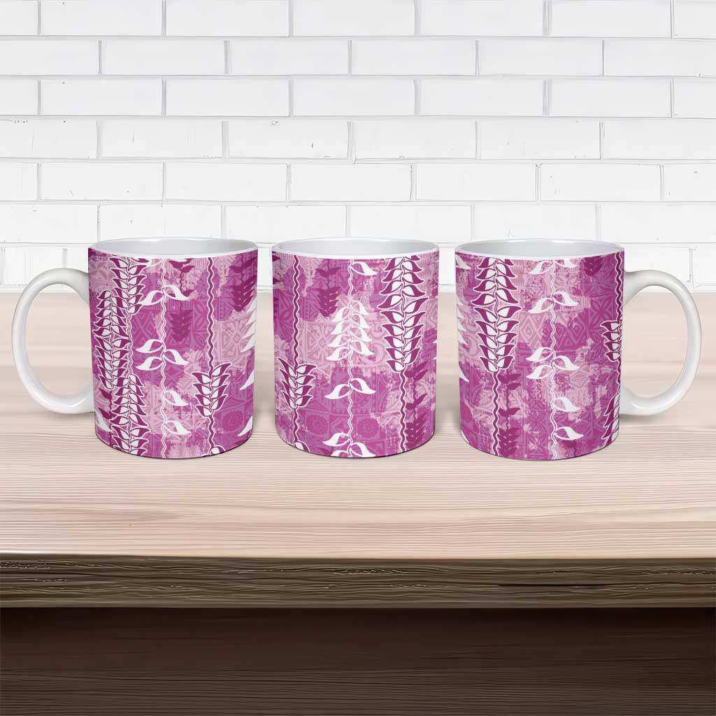 Magenta Hawaii Tapa Pattern Ceramic Mug With Heliconia Vintage Style