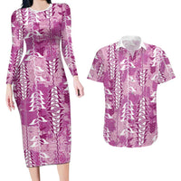 Magenta Hawaii Tapa Pattern Couples Matching Long Sleeve Bodycon Dress and Hawaiian Shirt With Heliconia Vintage Style