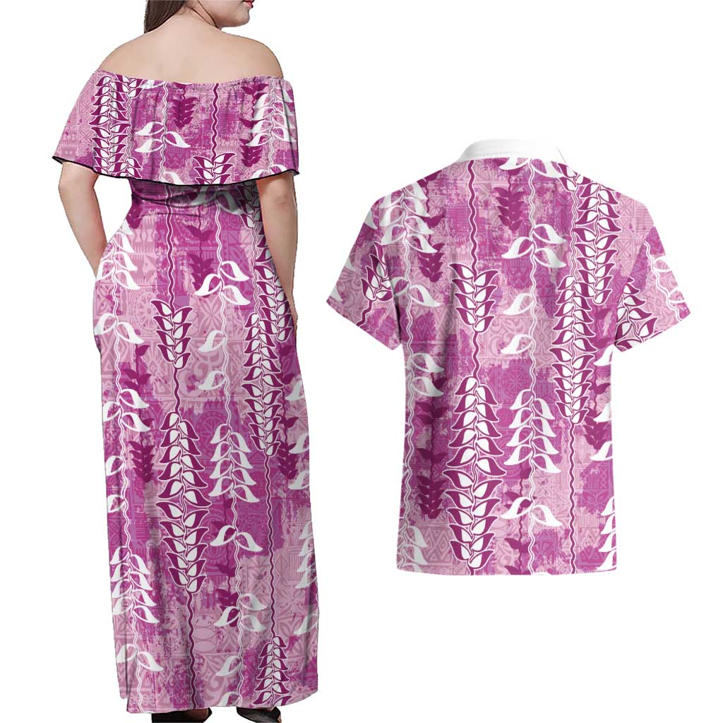 Magenta Hawaii Tapa Pattern Couples Matching Off Shoulder Maxi Dress and Hawaiian Shirt With Heliconia Vintage Style LT05 - Polynesian Pride