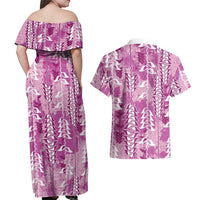 Magenta Hawaii Tapa Pattern Couples Matching Off Shoulder Maxi Dress and Hawaiian Shirt With Heliconia Vintage Style LT05 - Polynesian Pride