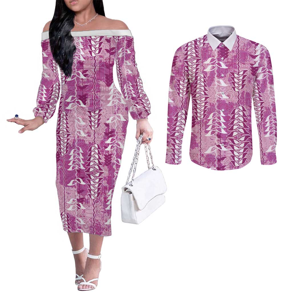 Magenta Hawaii Tapa Pattern Couples Matching Off The Shoulder Long Sleeve Dress and Long Sleeve Button Shirt With Heliconia Vintage Style LT05 Magenta - Polynesian Pride