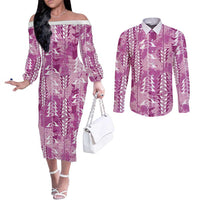 Magenta Hawaii Tapa Pattern Couples Matching Off The Shoulder Long Sleeve Dress and Long Sleeve Button Shirt With Heliconia Vintage Style LT05 Magenta - Polynesian Pride