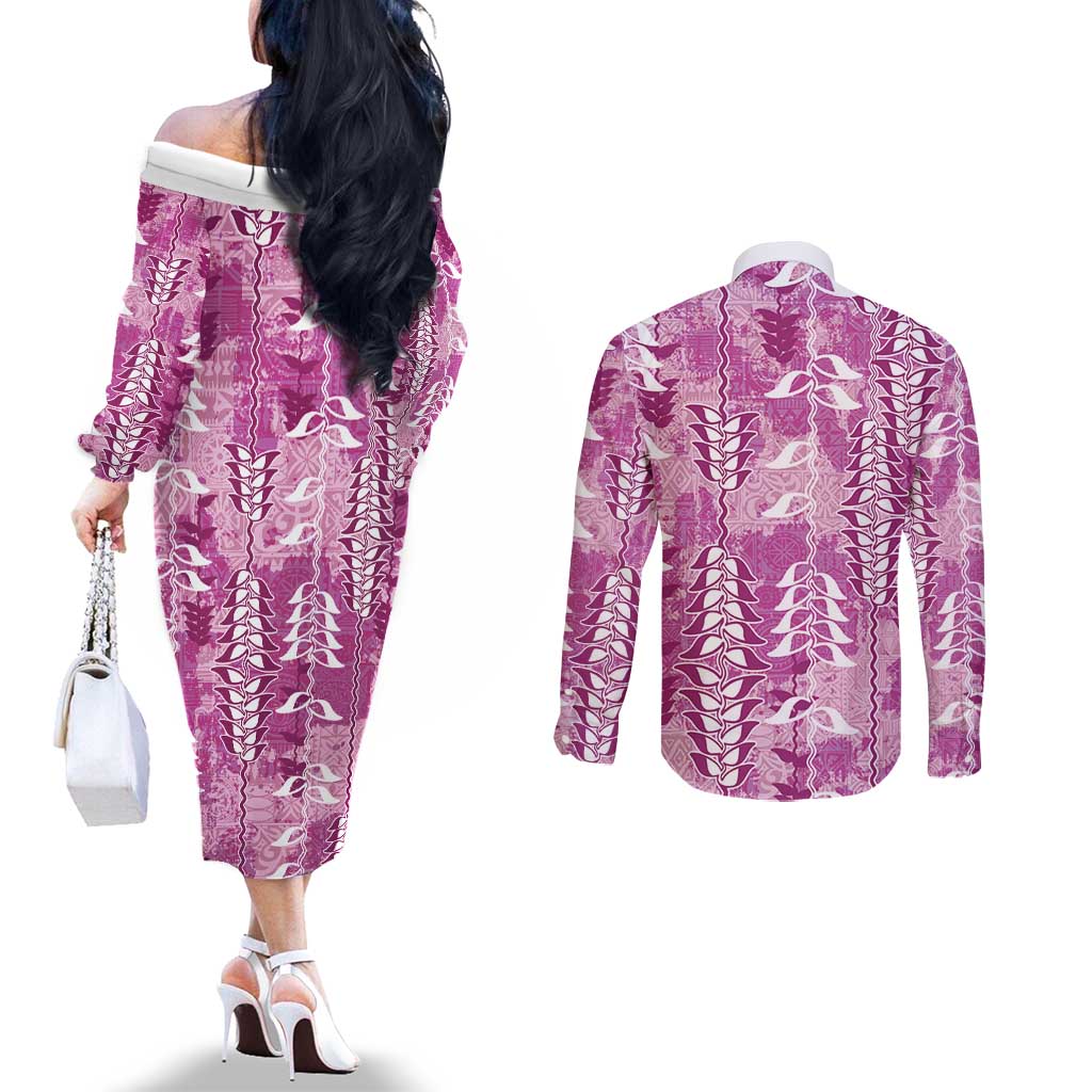 Magenta Hawaii Tapa Pattern Couples Matching Off The Shoulder Long Sleeve Dress and Long Sleeve Button Shirt With Heliconia Vintage Style LT05 - Polynesian Pride