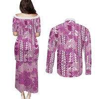 Magenta Hawaii Tapa Pattern Couples Matching Puletasi and Long Sleeve Button Shirt With Heliconia Vintage Style