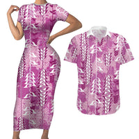 Magenta Hawaii Tapa Pattern Couples Matching Short Sleeve Bodycon Dress and Hawaiian Shirt With Heliconia Vintage Style LT05 Magenta - Polynesian Pride