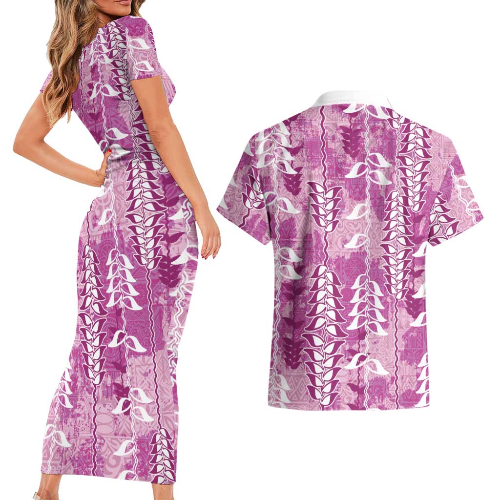 Magenta Hawaii Tapa Pattern Couples Matching Short Sleeve Bodycon Dress and Hawaiian Shirt With Heliconia Vintage Style LT05 - Polynesian Pride