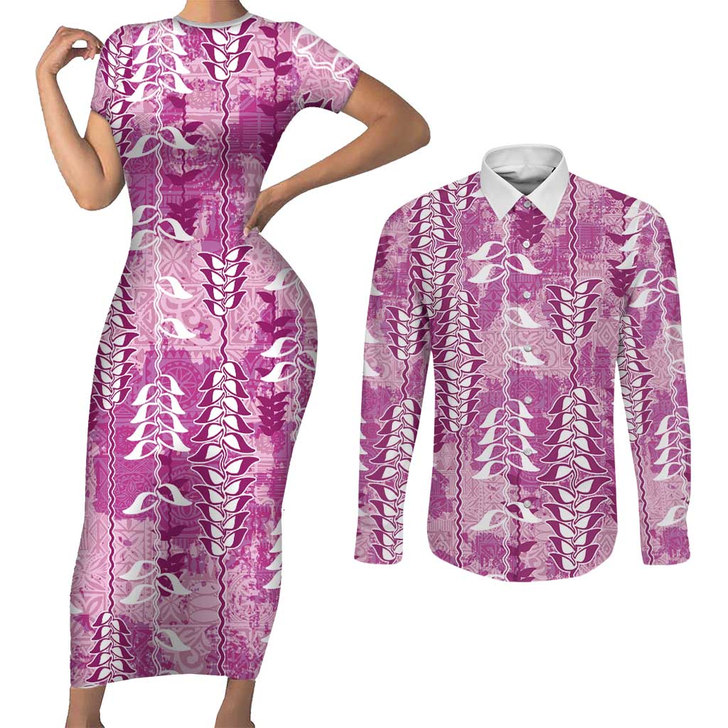 Magenta Hawaii Tapa Pattern Couples Matching Short Sleeve Bodycon Dress and Long Sleeve Button Shirt With Heliconia Vintage Style