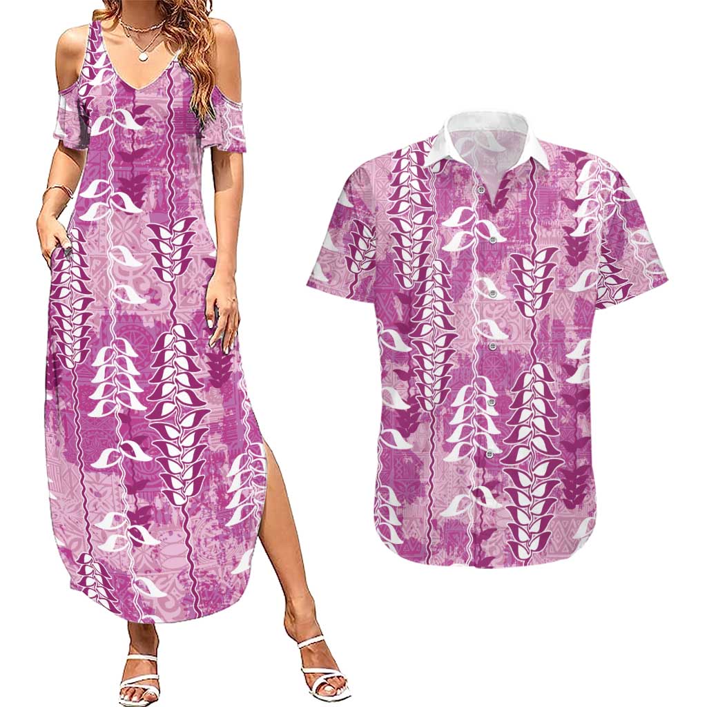 Magenta Hawaii Tapa Pattern Couples Matching Summer Maxi Dress and Hawaiian Shirt With Heliconia Vintage Style LT05 Magenta - Polynesian Pride