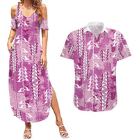 Magenta Hawaii Tapa Pattern Couples Matching Summer Maxi Dress and Hawaiian Shirt With Heliconia Vintage Style LT05 Magenta - Polynesian Pride