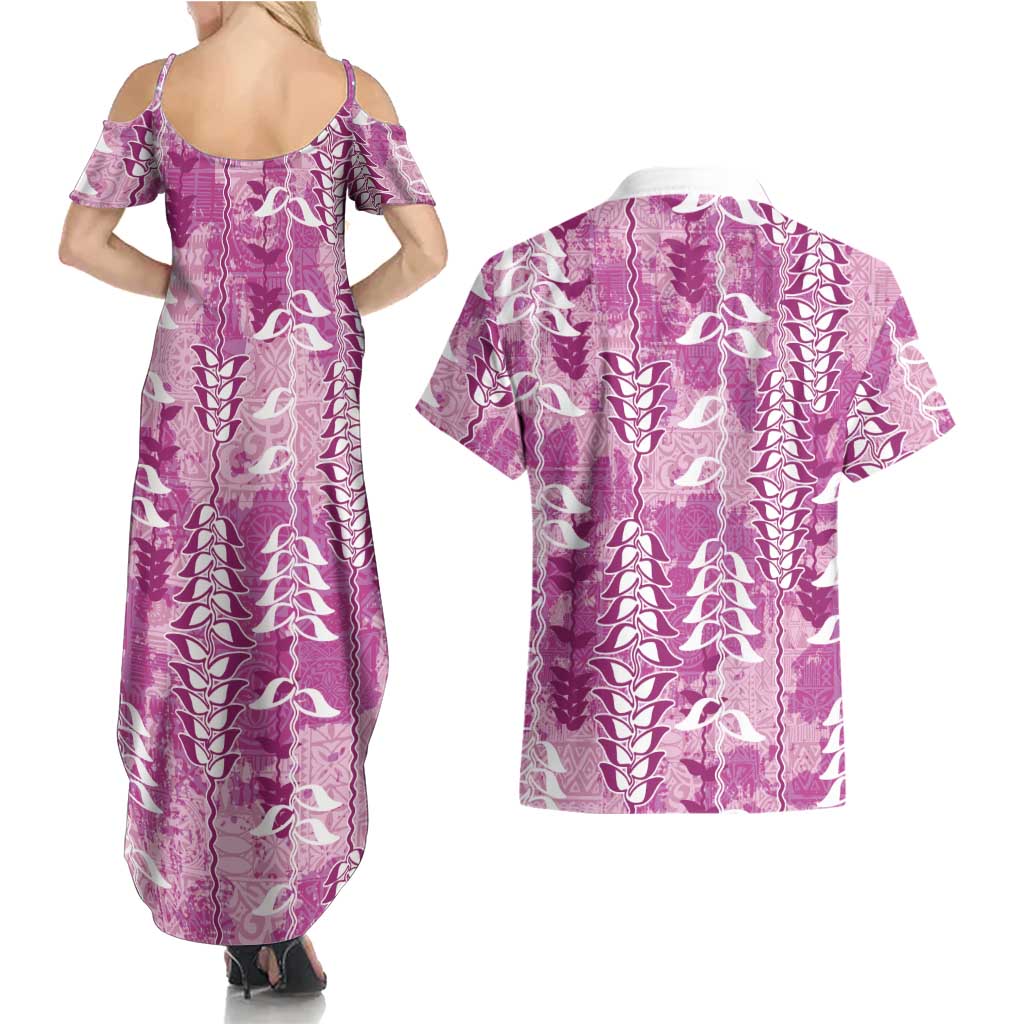 Magenta Hawaii Tapa Pattern Couples Matching Summer Maxi Dress and Hawaiian Shirt With Heliconia Vintage Style LT05 - Polynesian Pride