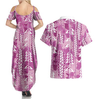 Magenta Hawaii Tapa Pattern Couples Matching Summer Maxi Dress and Hawaiian Shirt With Heliconia Vintage Style LT05 - Polynesian Pride