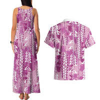 Magenta Hawaii Tapa Pattern Couples Matching Tank Maxi Dress and Hawaiian Shirt With Heliconia Vintage Style