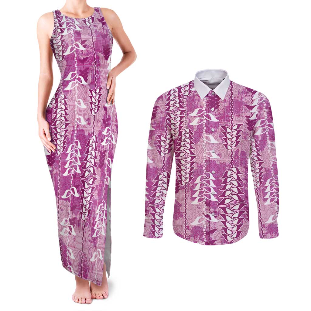 Magenta Hawaii Tapa Pattern Couples Matching Tank Maxi Dress and Long Sleeve Button Shirt With Heliconia Vintage Style