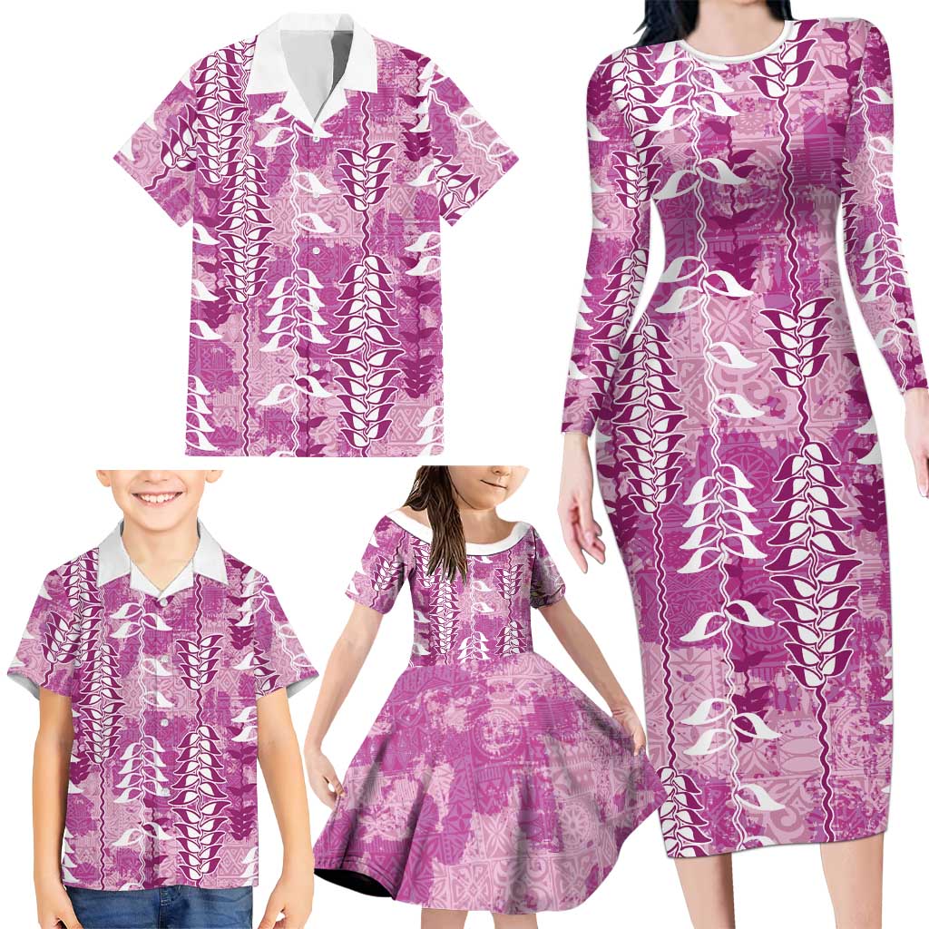 Magenta Hawaii Tapa Pattern Family Matching Long Sleeve Bodycon Dress and Hawaiian Shirt With Heliconia Vintage Style