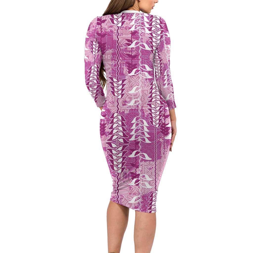 Magenta Hawaii Tapa Pattern Family Matching Long Sleeve Bodycon Dress and Hawaiian Shirt With Heliconia Vintage Style