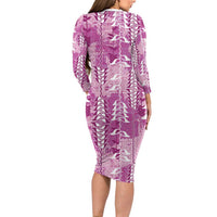 Magenta Hawaii Tapa Pattern Family Matching Long Sleeve Bodycon Dress and Hawaiian Shirt With Heliconia Vintage Style