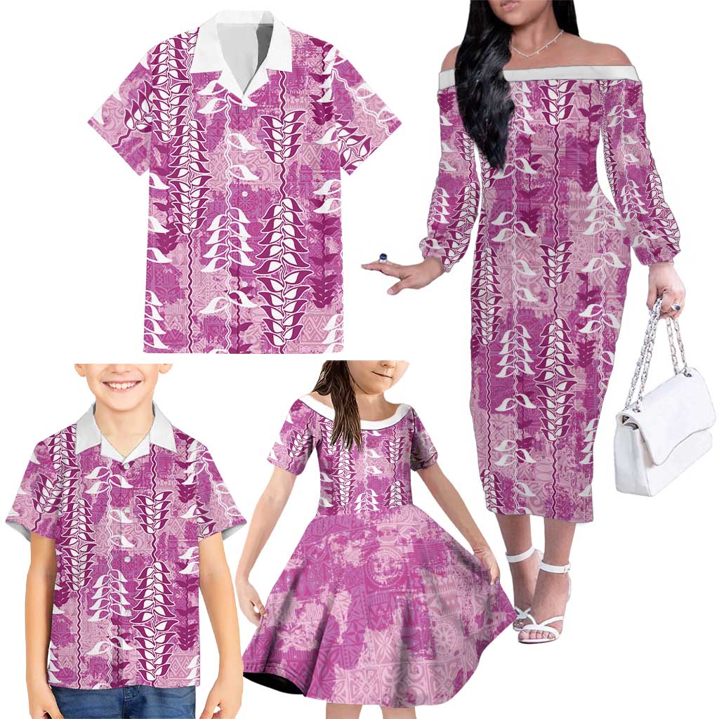 Magenta Hawaii Tapa Pattern Family Matching Off The Shoulder Long Sleeve Dress and Hawaiian Shirt With Heliconia Vintage Style